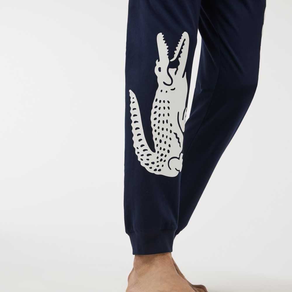 Lacoste Crocodile Print Stretch Cotton Pajama Pants Navy Blue / White | BLQ-958164