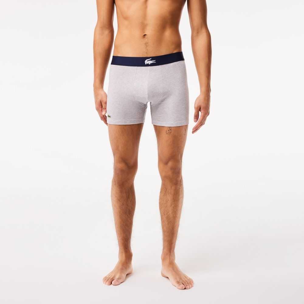 Lacoste Crocodile Waist Long Stretch Cotton Boxer Brief 3-Pack Navy Blue / White / Grey Chine / Navy Blue | KSY-508642