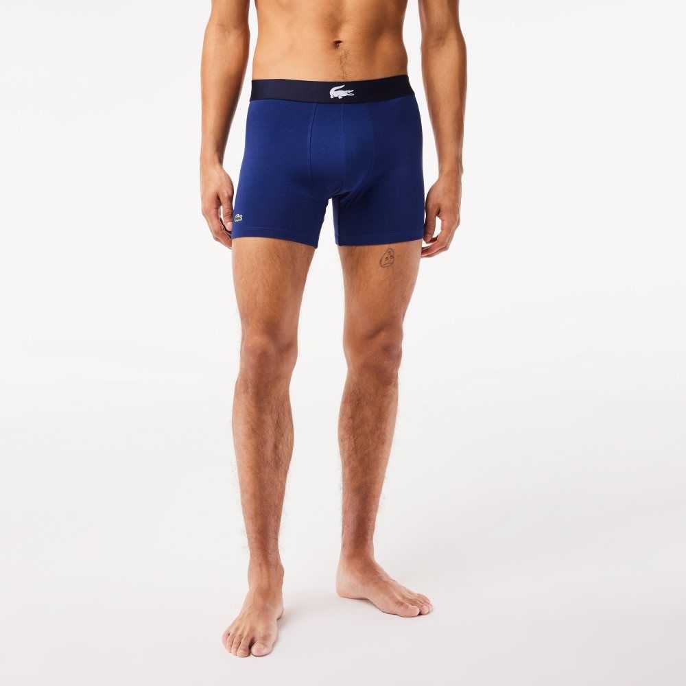 Lacoste Crocodile Waist Long Stretch Cotton Boxer Brief 3-Pack Navy Blue / White / Grey Chine / Navy Blue | KSY-508642