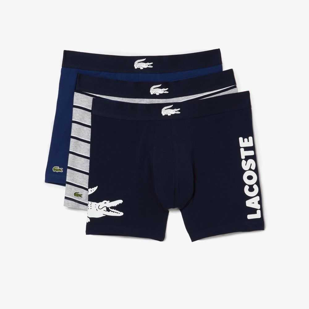 Lacoste Crocodile Waist Long Stretch Cotton Boxer Brief 3-Pack Navy Blue / White / Grey Chine / Navy Blue | KSY-508642