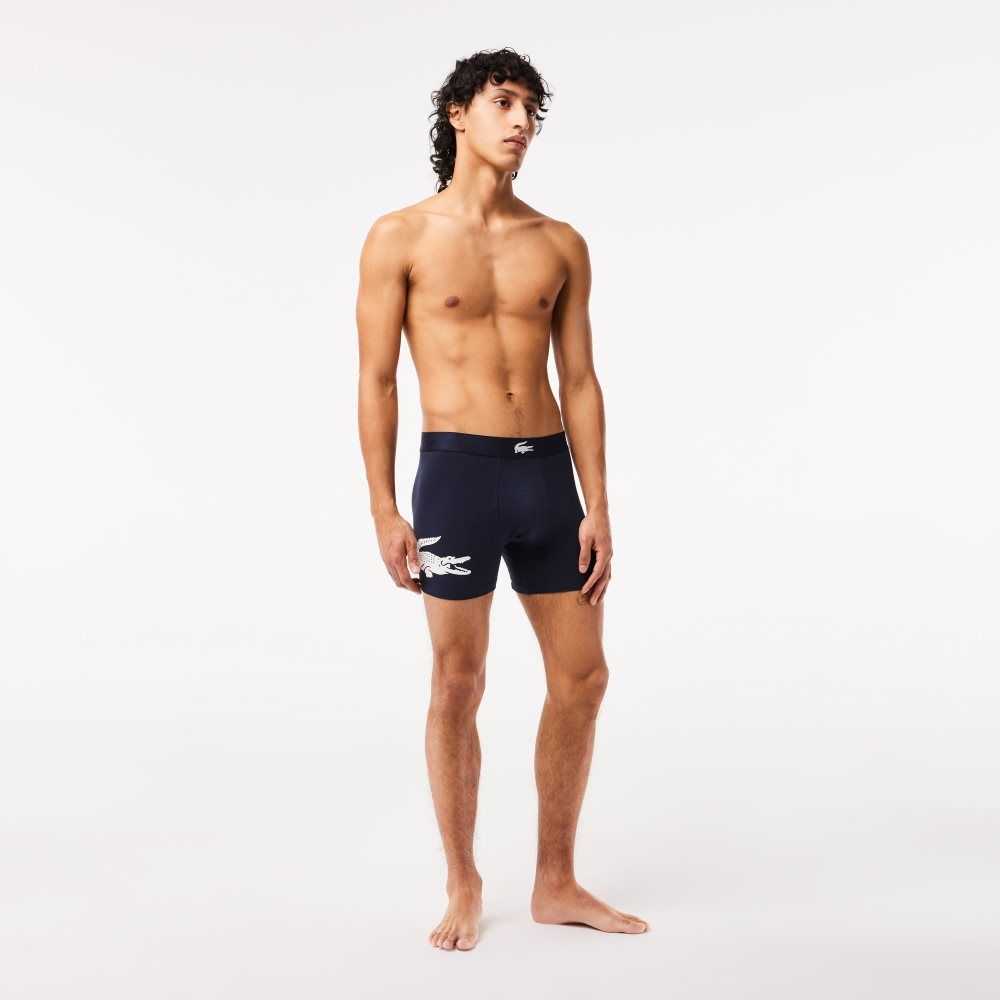 Lacoste Crocodile Waist Long Stretch Cotton Boxer Brief 3-Pack Navy Blue / White / Grey Chine / Navy Blue | KSY-508642