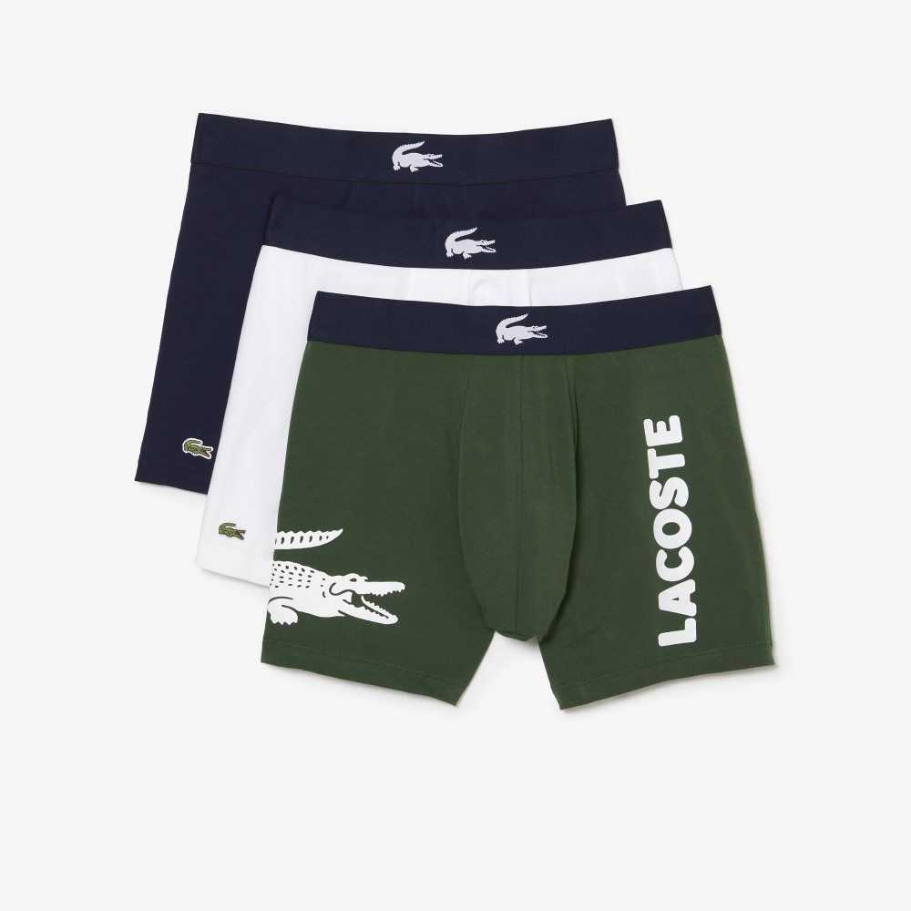 Lacoste Crocodile Waist Long Stretch Cotton Boxer Brief 3-Pack Green / Navy Blue / White | VGP-954671