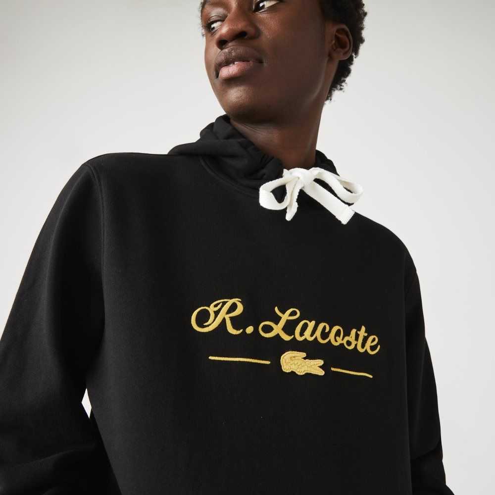 Lacoste Embroidered Lettering Hooded Cotton Fleece Sweatshirt Black | EMI-560278