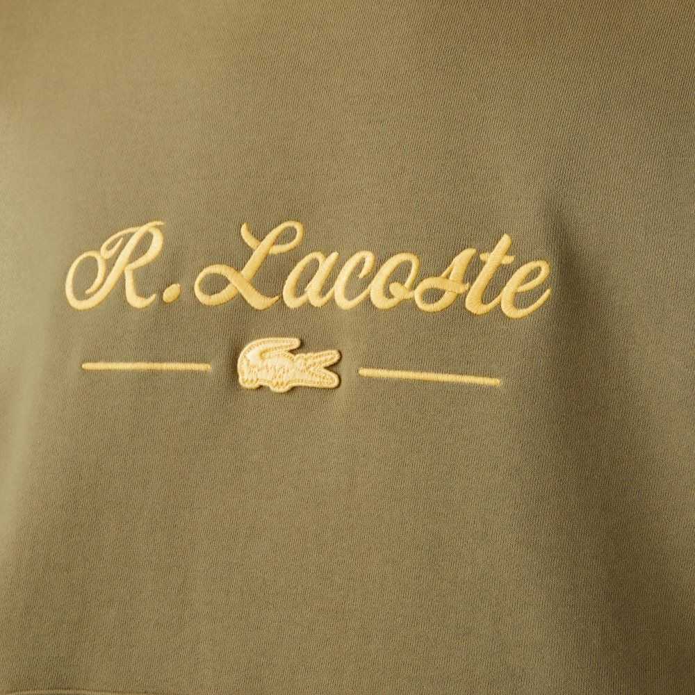 Lacoste Embroidered Lettering Hooded Cotton Fleece Sweatshirt Khaki Green | FZX-531209