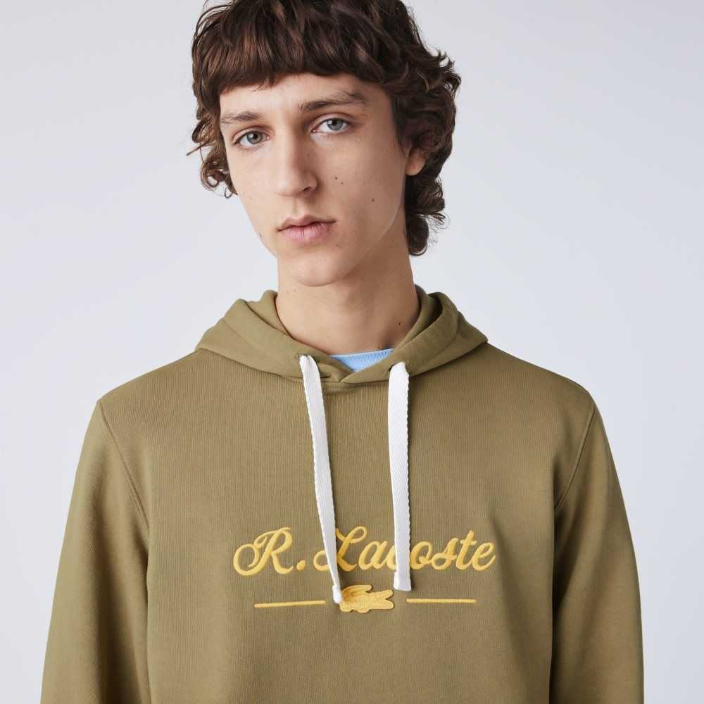 Lacoste Embroidered Lettering Hooded Cotton Fleece Sweatshirt Khaki Green | FZX-531209