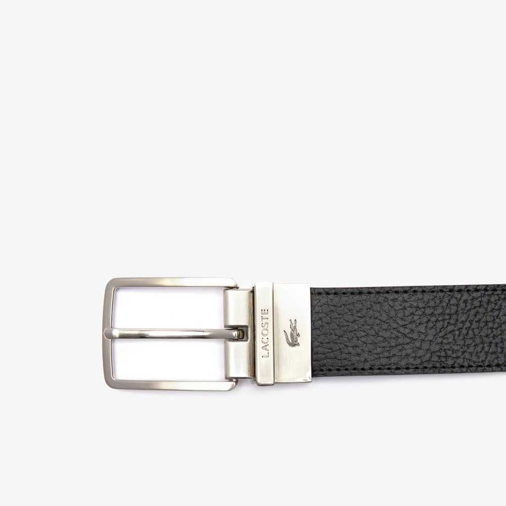 Lacoste Engraved Buckle Grained Leather Belt Black | ORI-524938