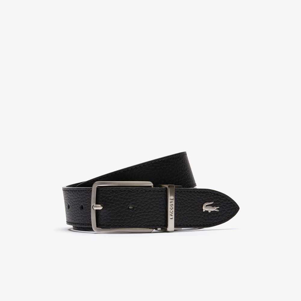 Lacoste Engraved Buckle Grained Leather Belt Black | ORI-524938