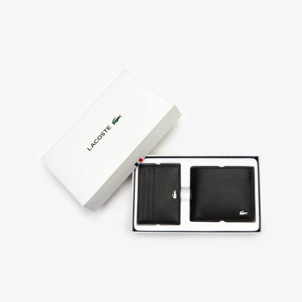 Lacoste Fitzgerald Leather Wallet And Card Holder Set Black | EZD-041736