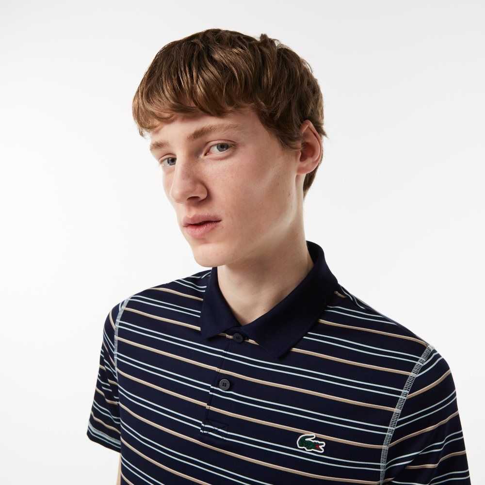 Lacoste Golf Recycled Polyester Stripe Polo Navy Blue / Light Green / White / Beige | PFM-294705