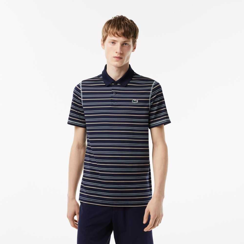 Lacoste Golf Recycled Polyester Stripe Polo Navy Blue / Light Green / White / Beige | PFM-294705