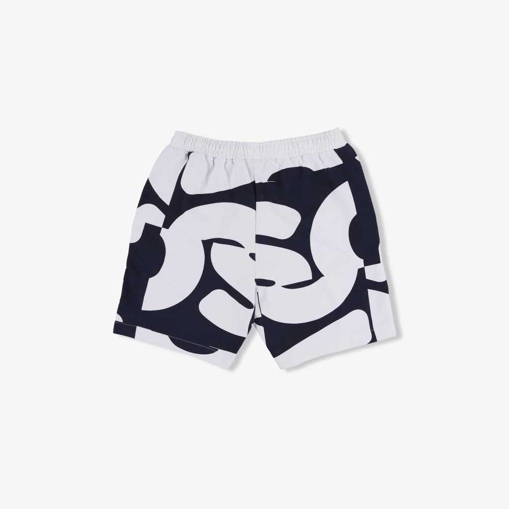 Lacoste Heritage Graphic Print Cotton Fleece Shorts Navy Blue / White | VIY-746152