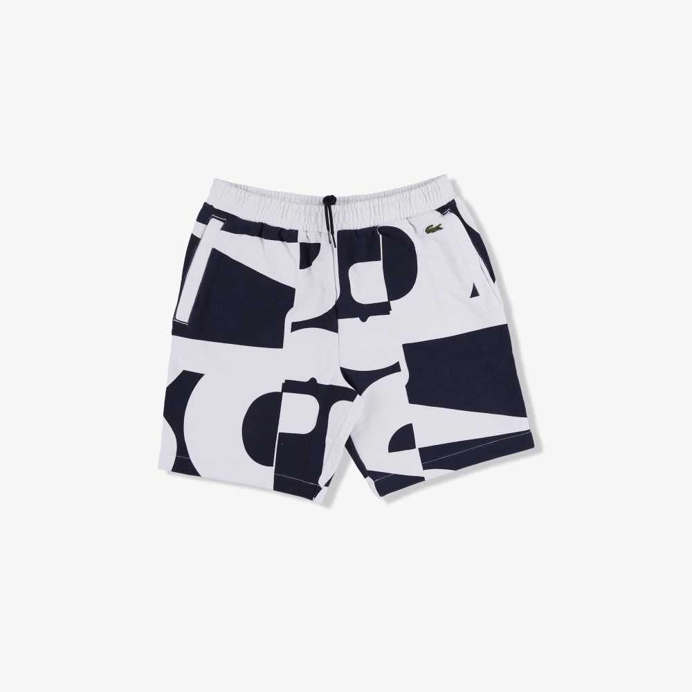 Lacoste Heritage Graphic Print Cotton Fleece Shorts Navy Blue / White | VIY-746152