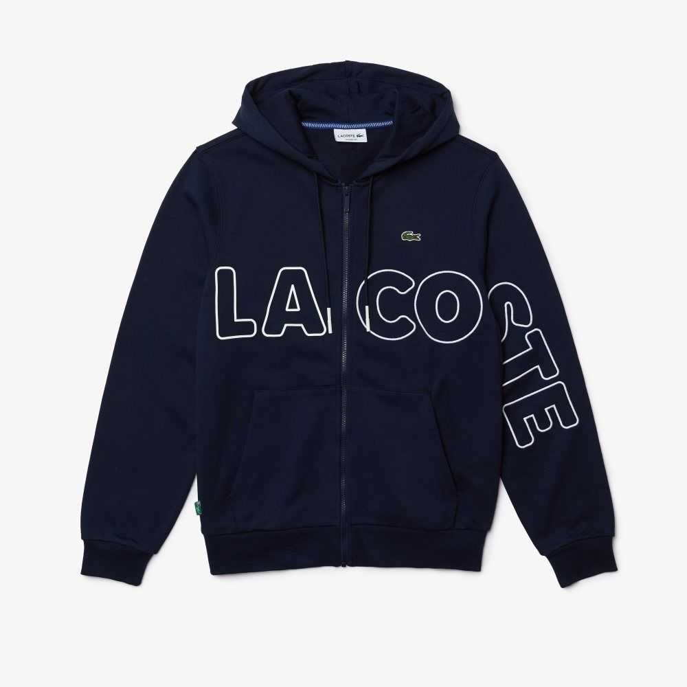 Lacoste Heritage Print Zippered Cotton Fleece Hoodie Navy Blue | VQL-102375