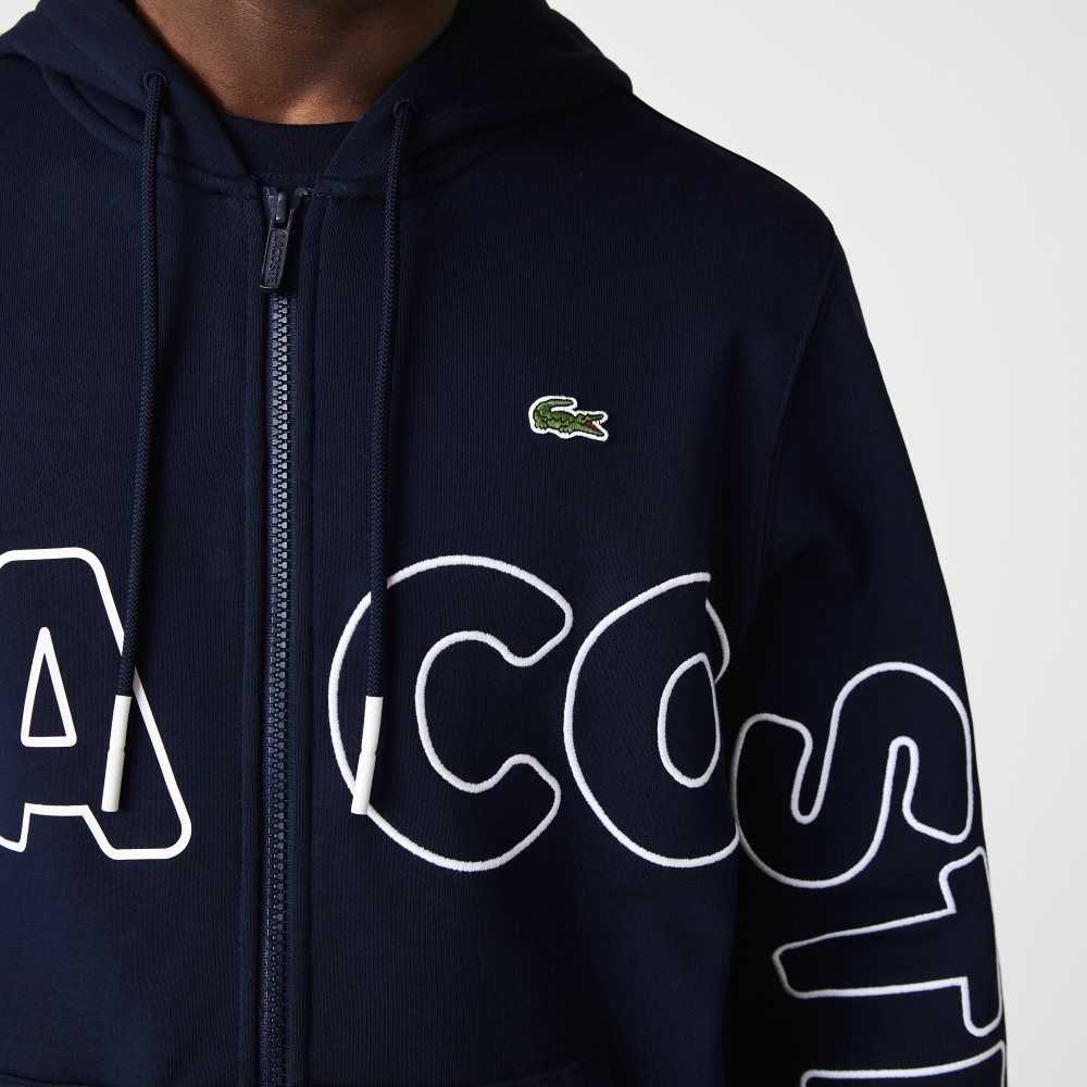 Lacoste Heritage Print Zippered Cotton Fleece Hoodie Navy Blue | VQL-102375