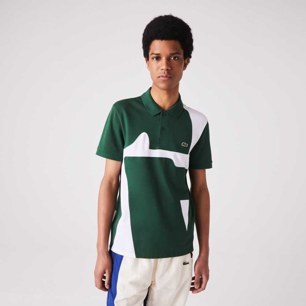 Lacoste Heritage Regular Fit Print Cotton Pique Polo Green / White | DTB-569012