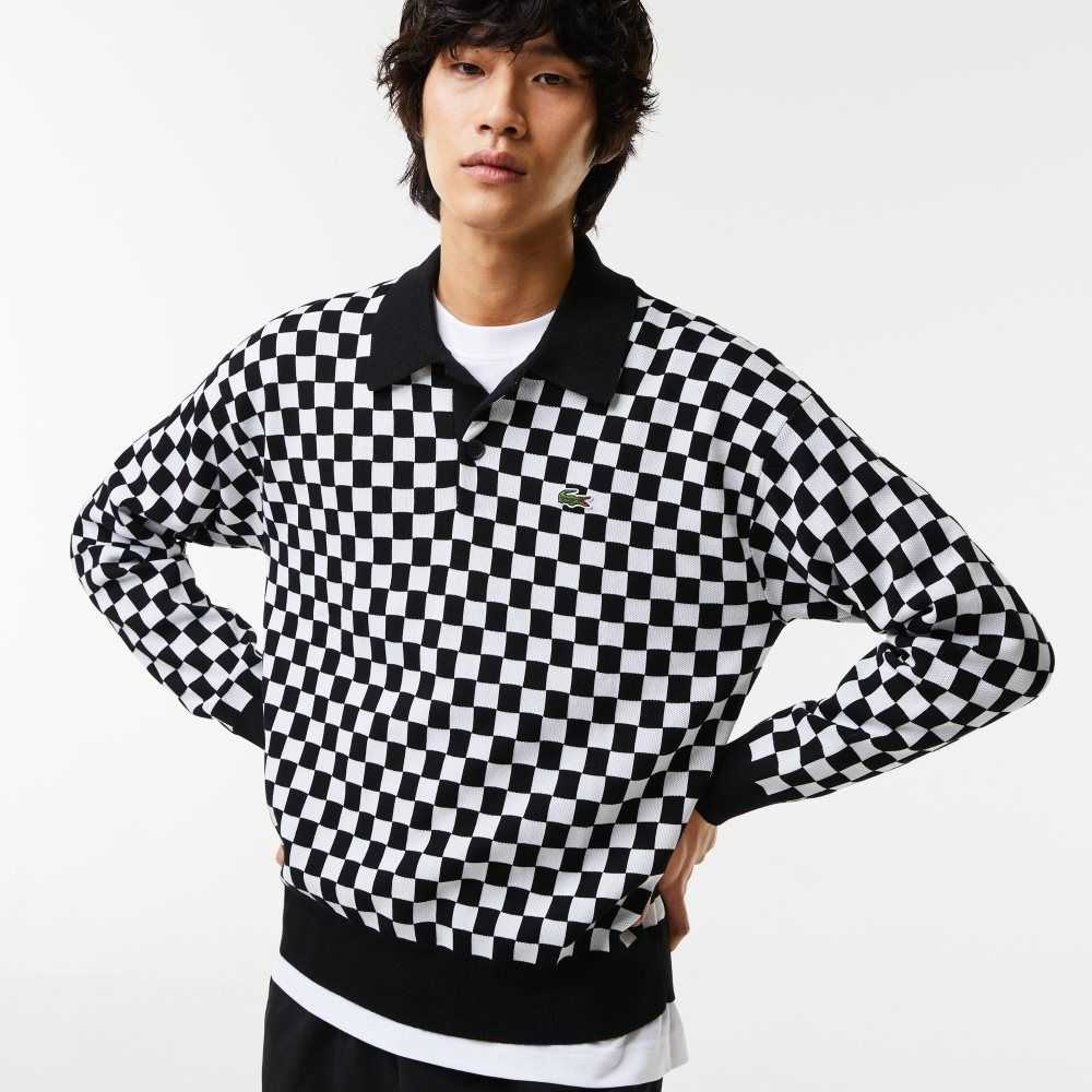 Lacoste Heritage Relaxed Fit Checkerboard Sweater Black / White | HBJ-107462