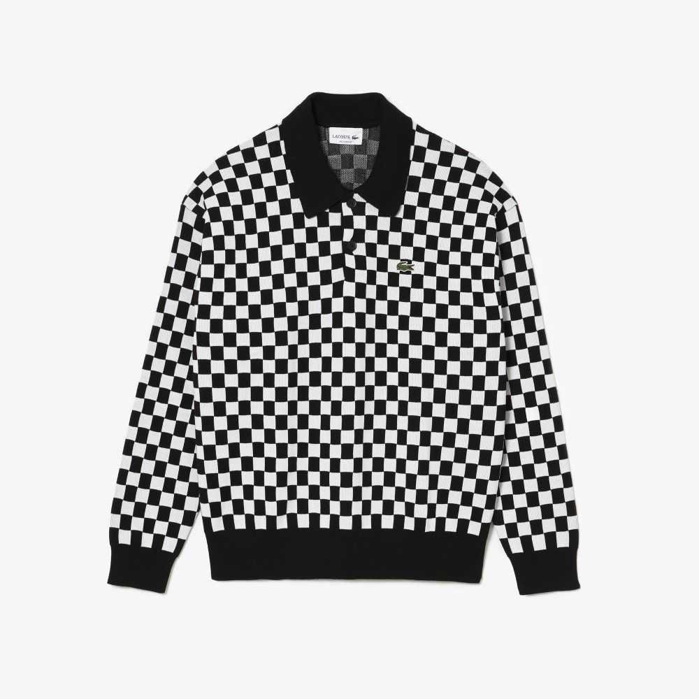 Lacoste Heritage Relaxed Fit Checkerboard Sweater Black / White | HBJ-107462