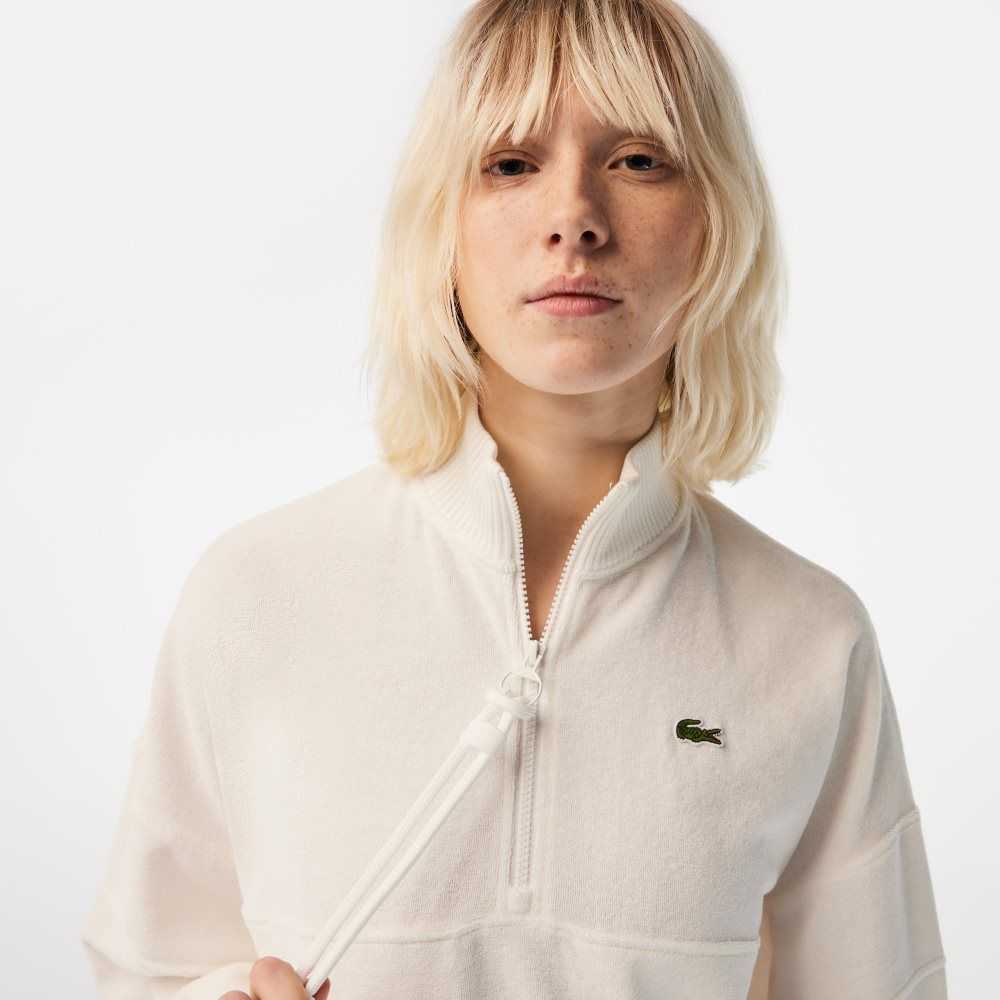 Lacoste High-Neck Terry Cloth Half Zip Sweatshirt White | UVB-960743