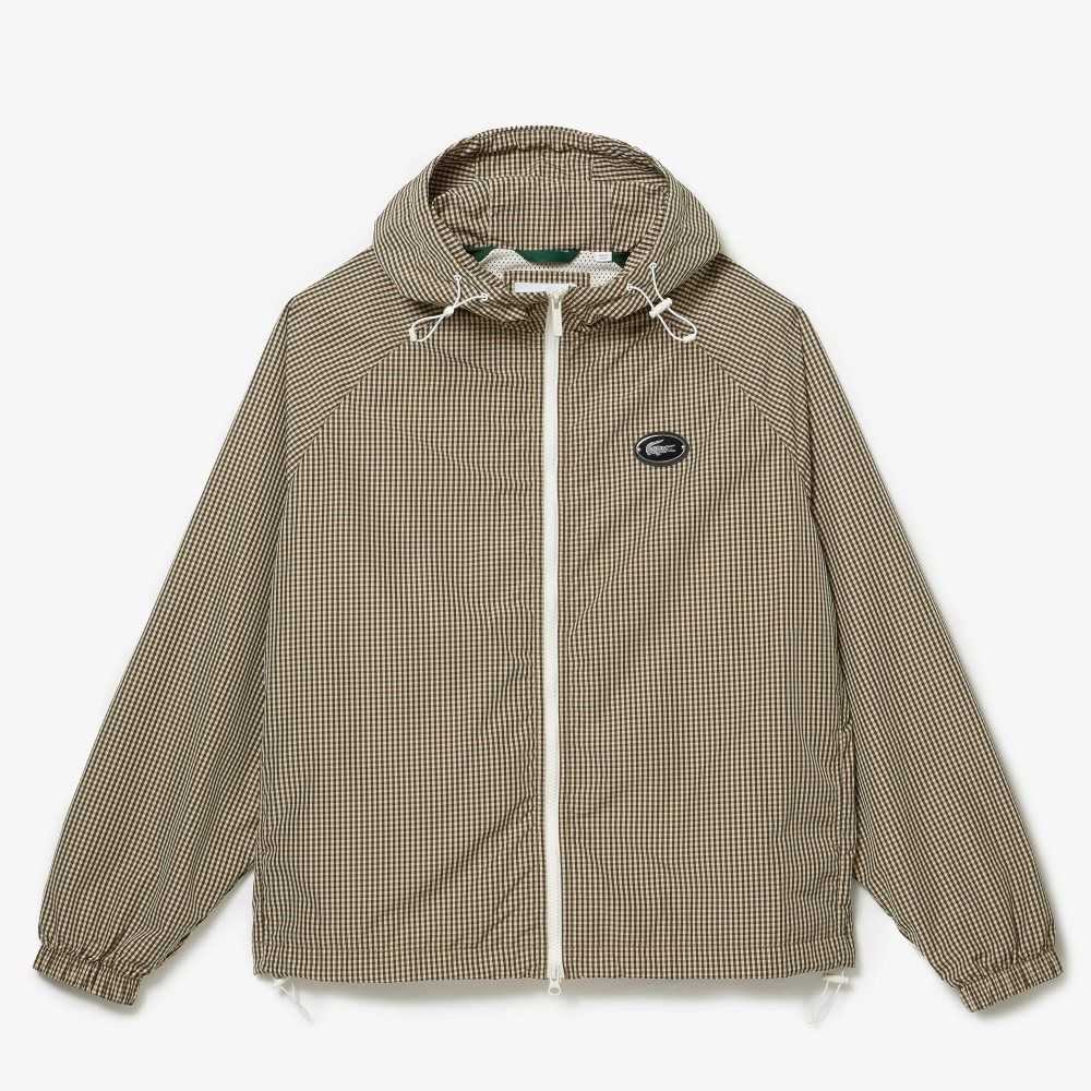 Lacoste Hooded Check Twill Jacket Beige / Navy Blue / White / Khaki Green | MXB-894571