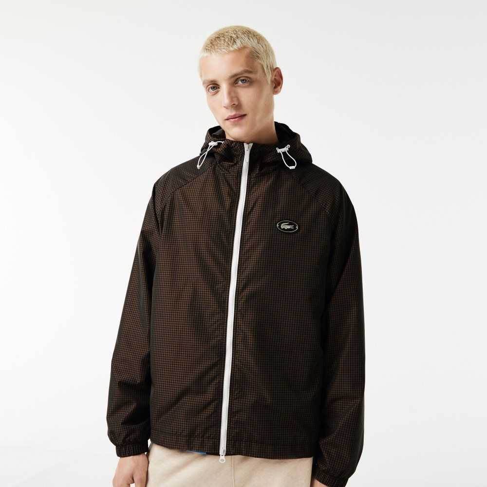 Lacoste Hooded Check Twill Jacket Black / Brown / Navy Blue / Khaki Green | MIQ-869023