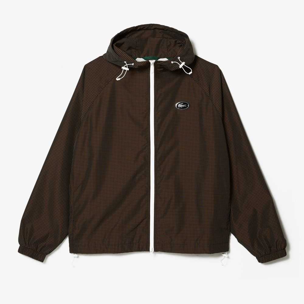 Lacoste Hooded Check Twill Jacket Black / Brown / Navy Blue / Khaki Green | MIQ-869023