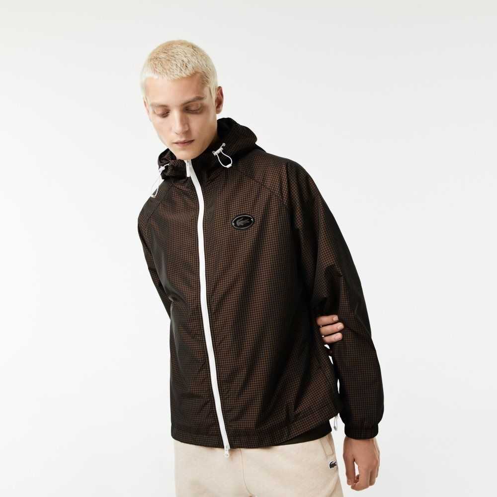 Lacoste Hooded Check Twill Jacket Black / Brown / Navy Blue / Khaki Green | MIQ-869023