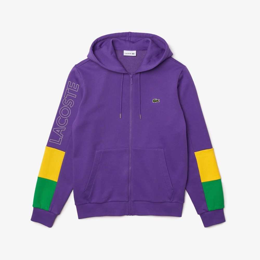 Lacoste Hooded Colorblock Fleece Zip Sweatshirt Purple / Yellow / Green | DAQ-479561