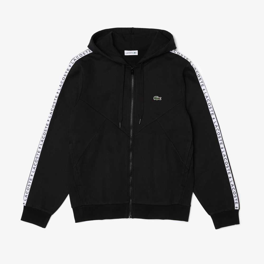 Lacoste Hooded Colorblock Lettered Fleece Zip Sweatshirt Black | BRF-926157