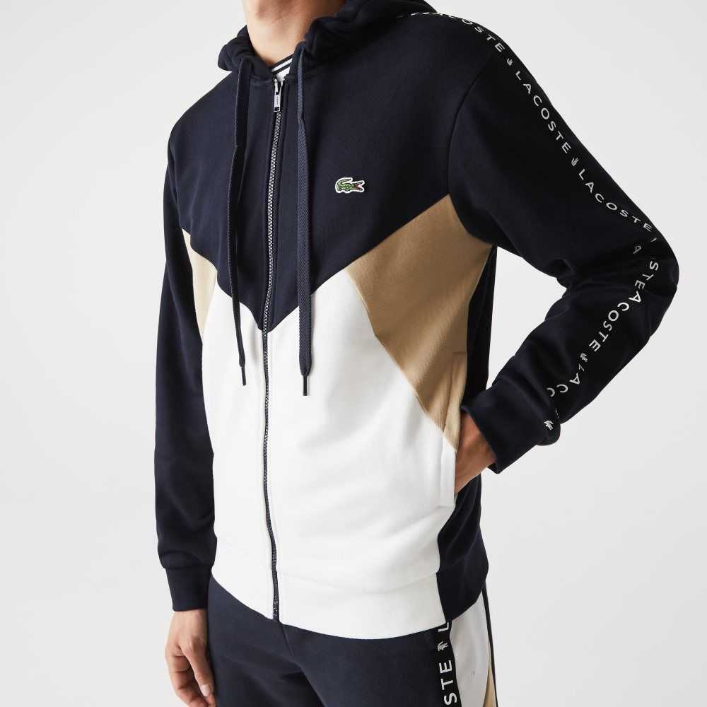 Lacoste Hooded Colorblock Lettered Fleece Zip Sweatshirt Navy Blue / White / Beige | NUW-971432