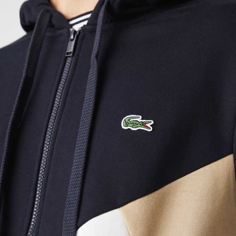 Lacoste Hooded Colorblock Lettered Fleece Zip Sweatshirt Navy Blue / White / Beige | NUW-971432