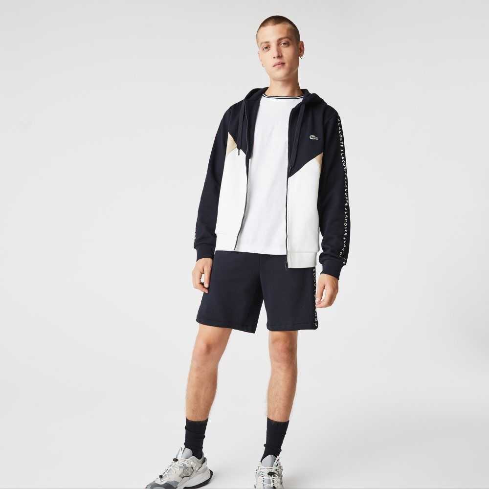 Lacoste Hooded Colorblock Lettered Fleece Zip Sweatshirt Navy Blue / White / Beige | NUW-971432