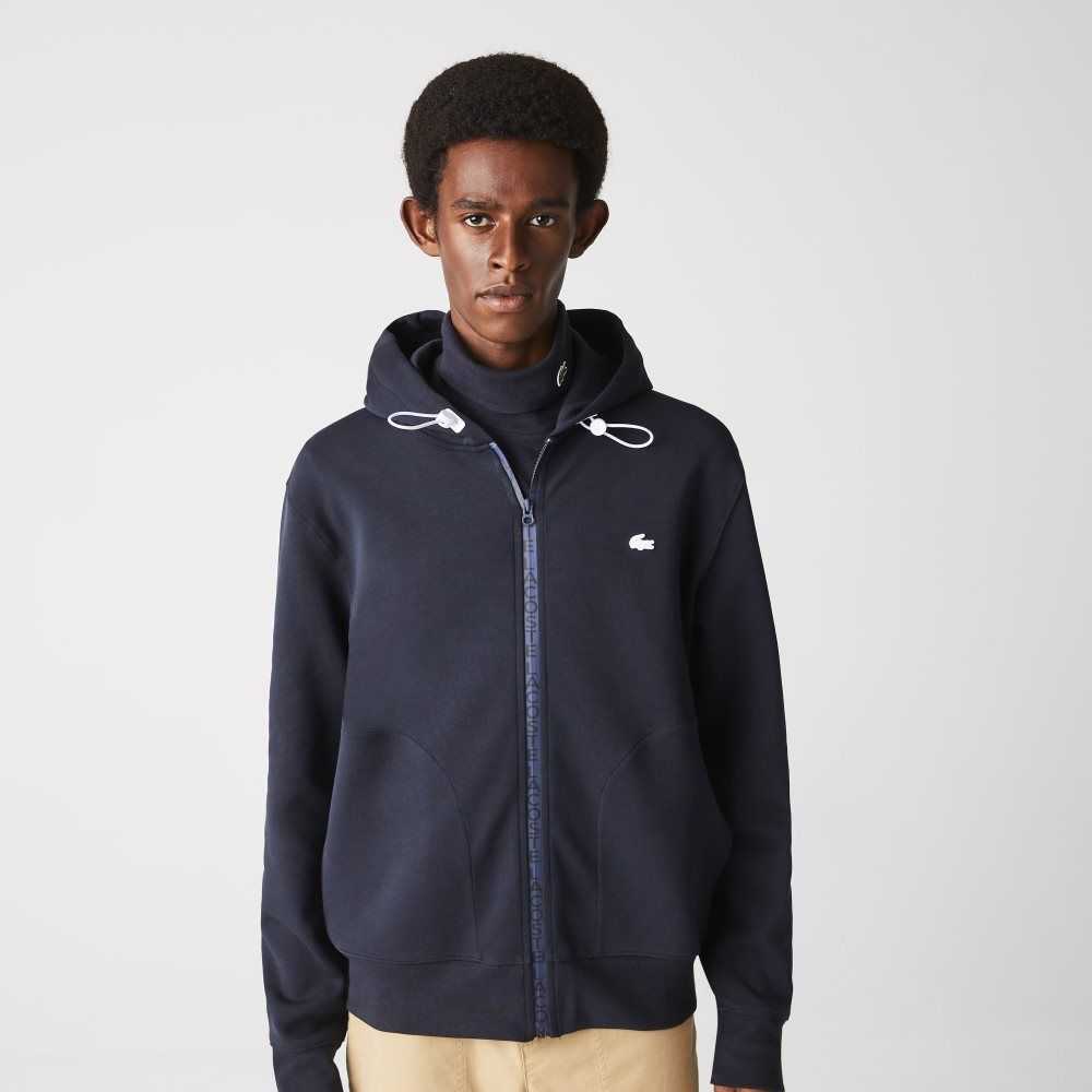 Lacoste Hooded Cotton Blend Lettered Zip Sweatshirt Navy Blue | JLK-718354