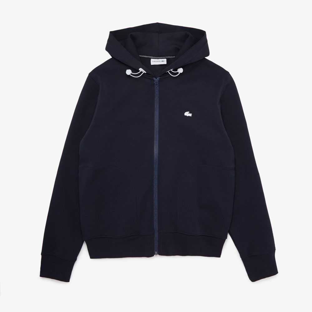 Lacoste Hooded Cotton Blend Lettered Zip Sweatshirt Navy Blue | JLK-718354