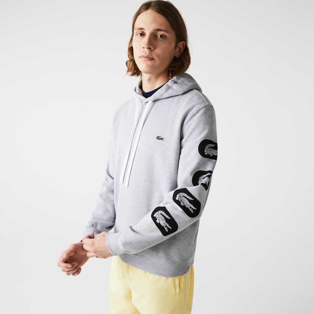 Lacoste Hooded Print Sleeve Fleece Sweatshirt Grey | GOP-918054