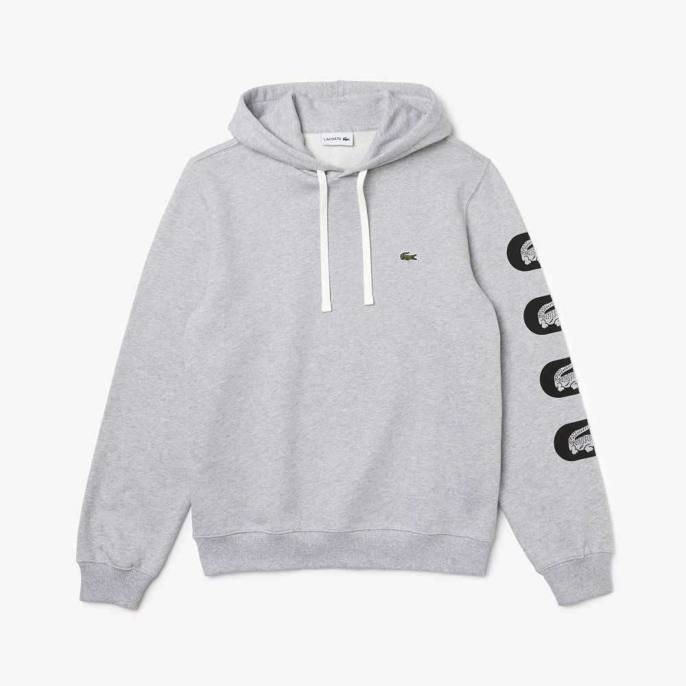 Lacoste Hooded Print Sleeve Fleece Sweatshirt Grey | GOP-918054