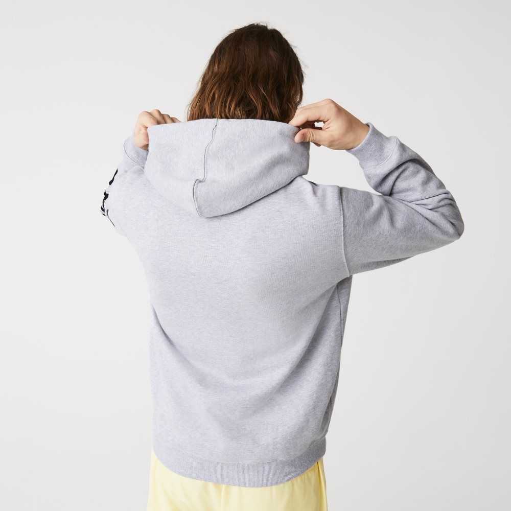 Lacoste Hooded Print Sleeve Fleece Sweatshirt Grey | GOP-918054