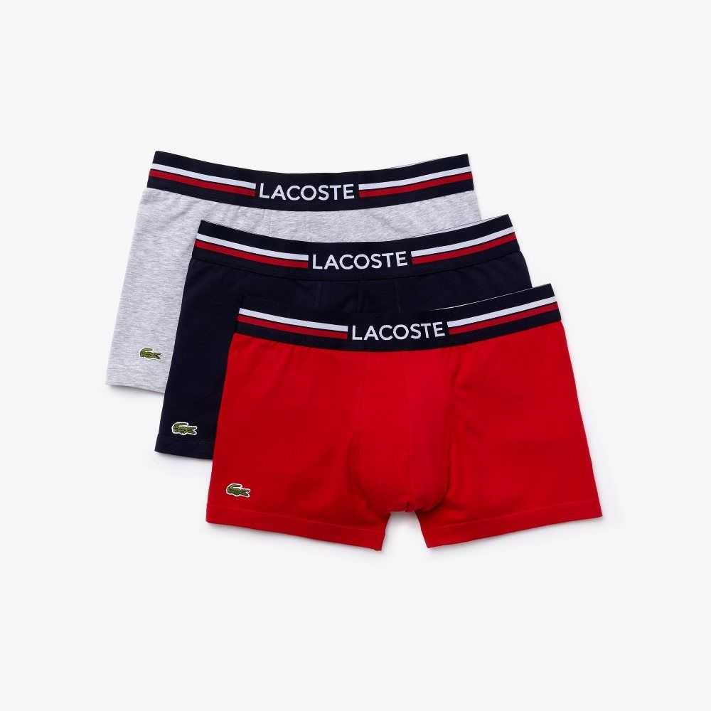 Lacoste Iconic Three-Tone Waistband Trunk 3-Pack Navy Blue / Grey Chine / Red | XOP-936542