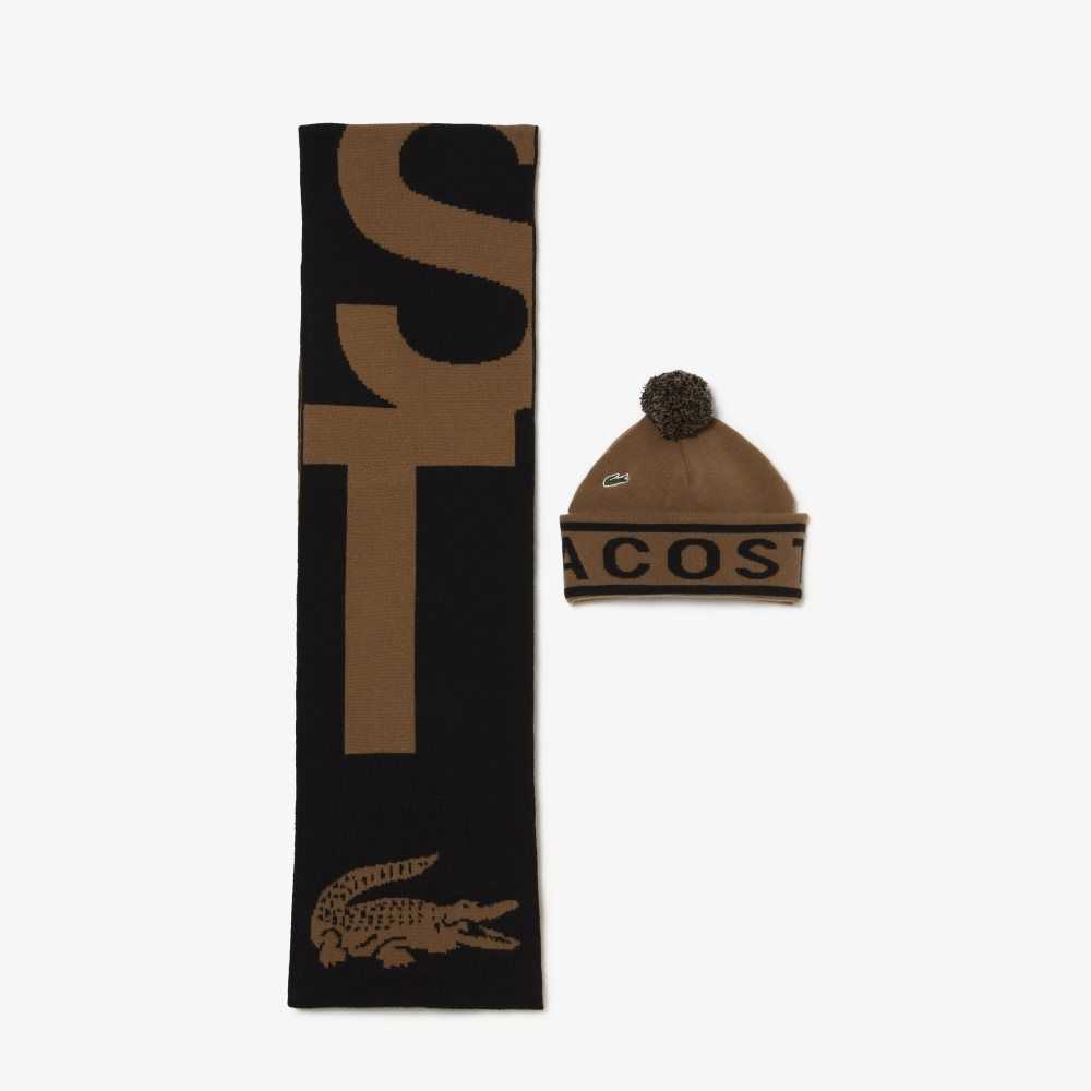 Lacoste Jacquard Knit Beanie And Scarf Gift Set Brown / Black | EPV-154098