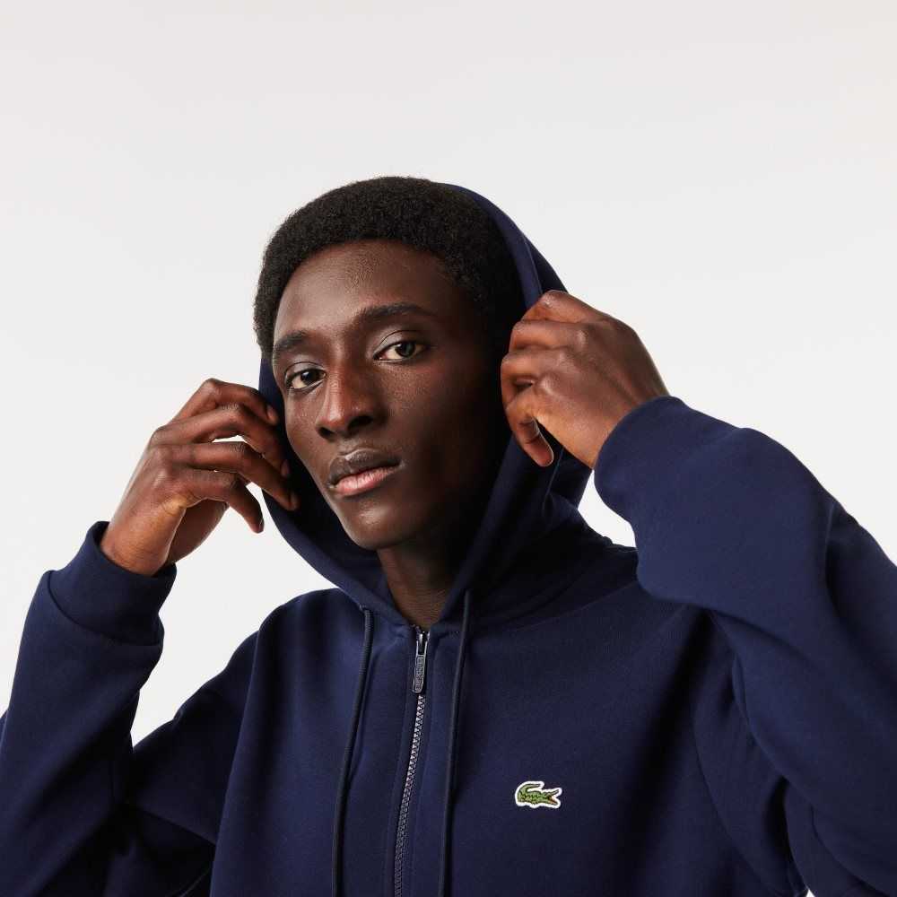 Lacoste Kangaroo Pocket Fleece Zipped Sweatshirt Navy Blue | DBY-639024