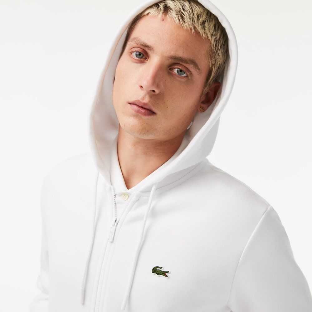 Lacoste Kangaroo Pocket Fleece Zipped Sweatshirt White | DCI-983705