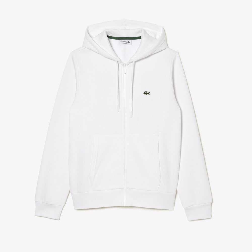 Lacoste Kangaroo Pocket Fleece Zipped Sweatshirt White | DCI-983705