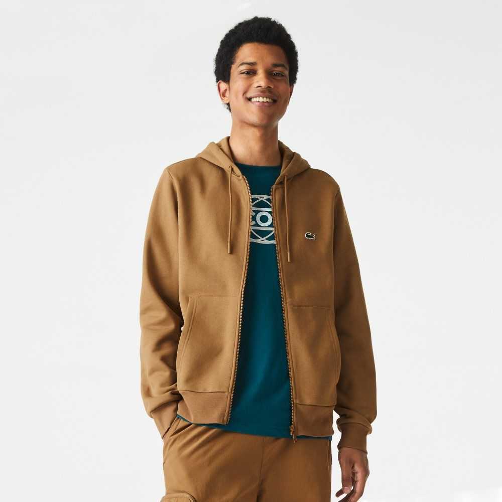 Lacoste Kangaroo Pocket Fleece Zipped Sweatshirt Brown | DOY-675243