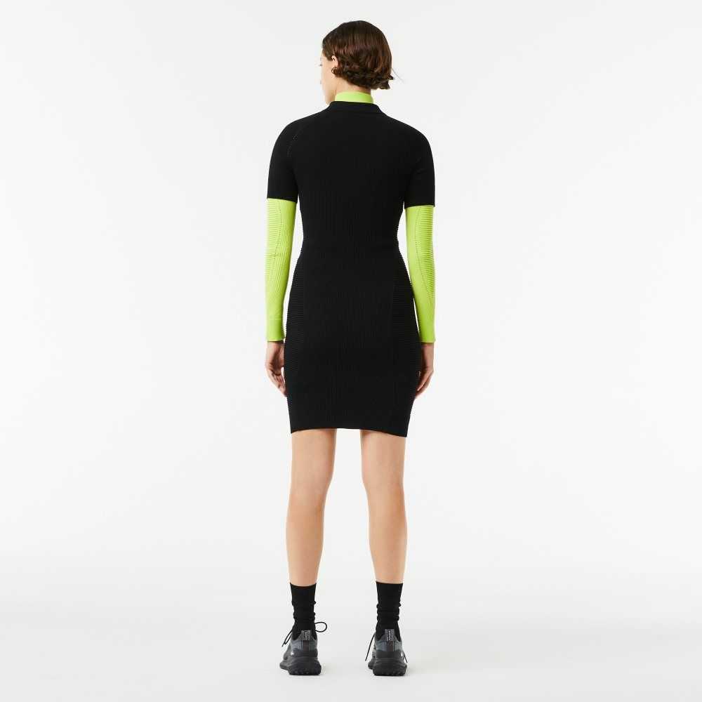 Lacoste Knit Details Front Zip Dress Black | VDA-103769