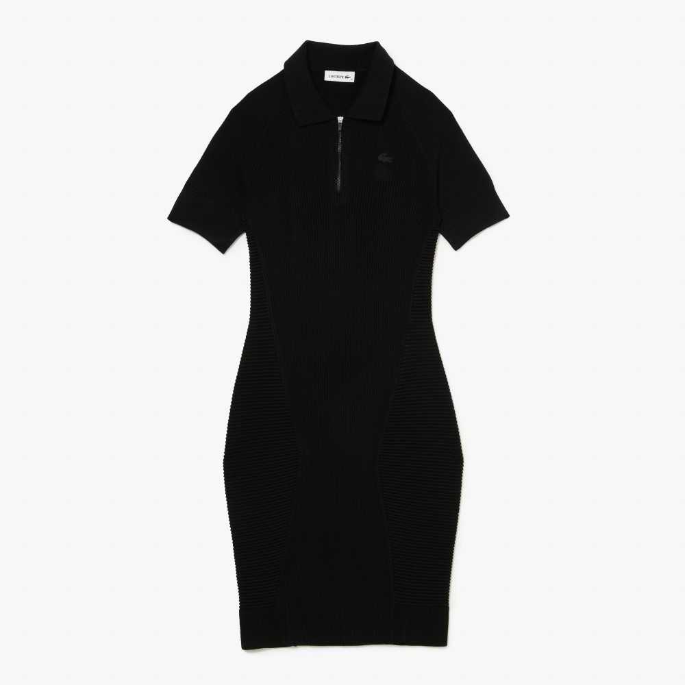 Lacoste Knit Details Front Zip Dress Black | VDA-103769