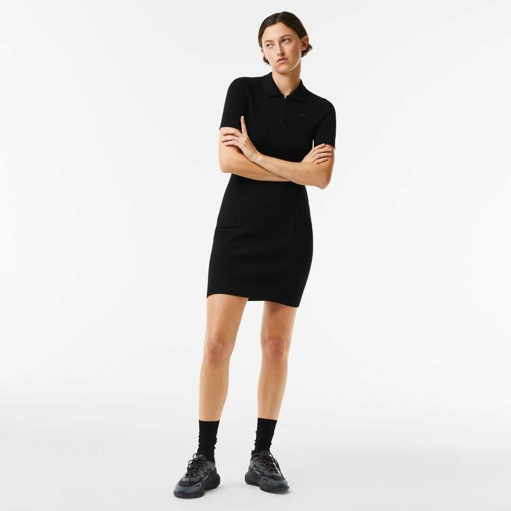 Lacoste Knit Details Front Zip Dress Black | VDA-103769