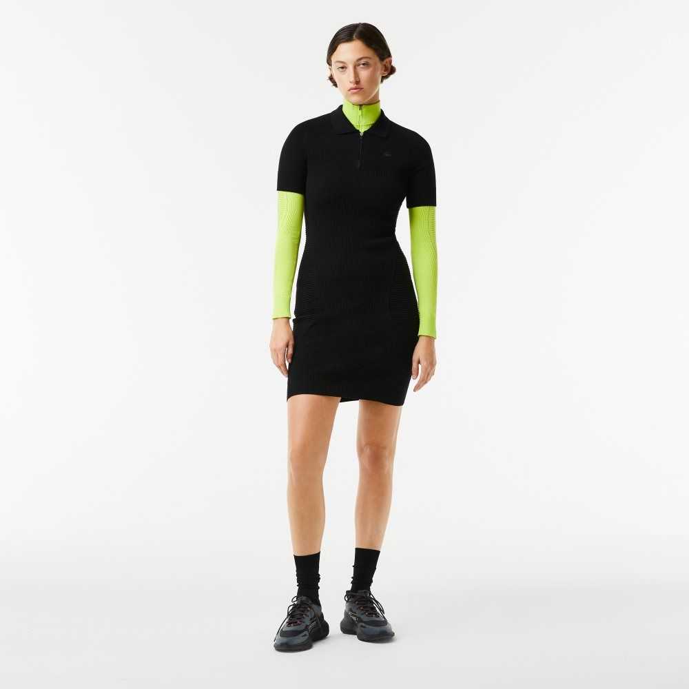 Lacoste Knit Details Front Zip Dress Black | VDA-103769