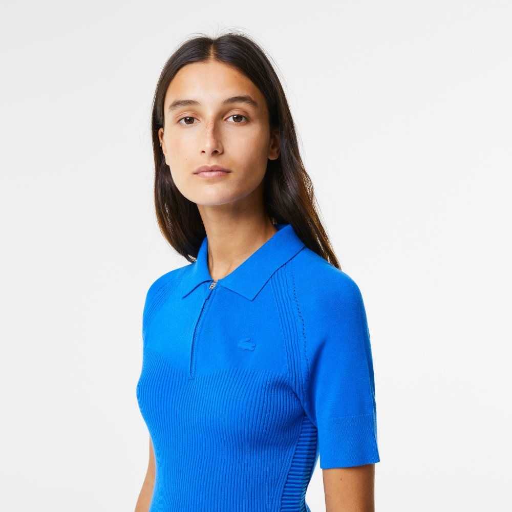 Lacoste Knit Details Front Zip Dress Blue | EJV-281069