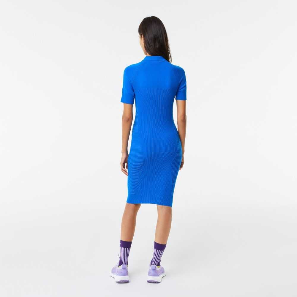 Lacoste Knit Details Front Zip Dress Blue | EJV-281069