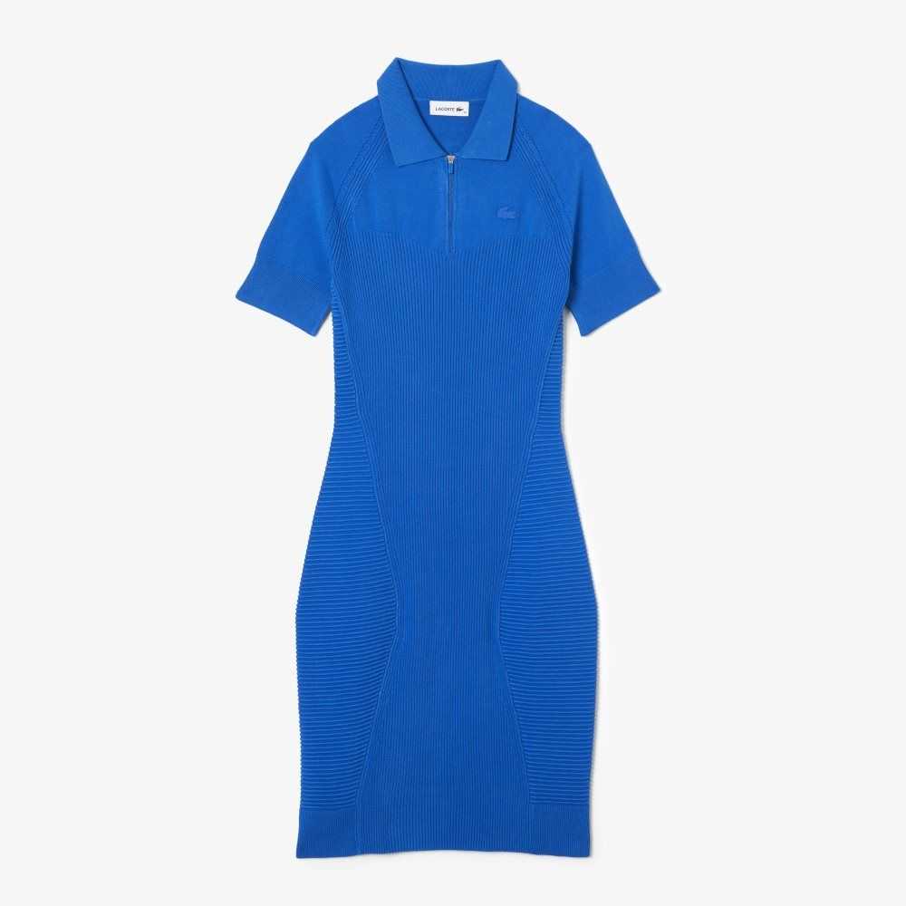 Lacoste Knit Details Front Zip Dress Blue | EJV-281069