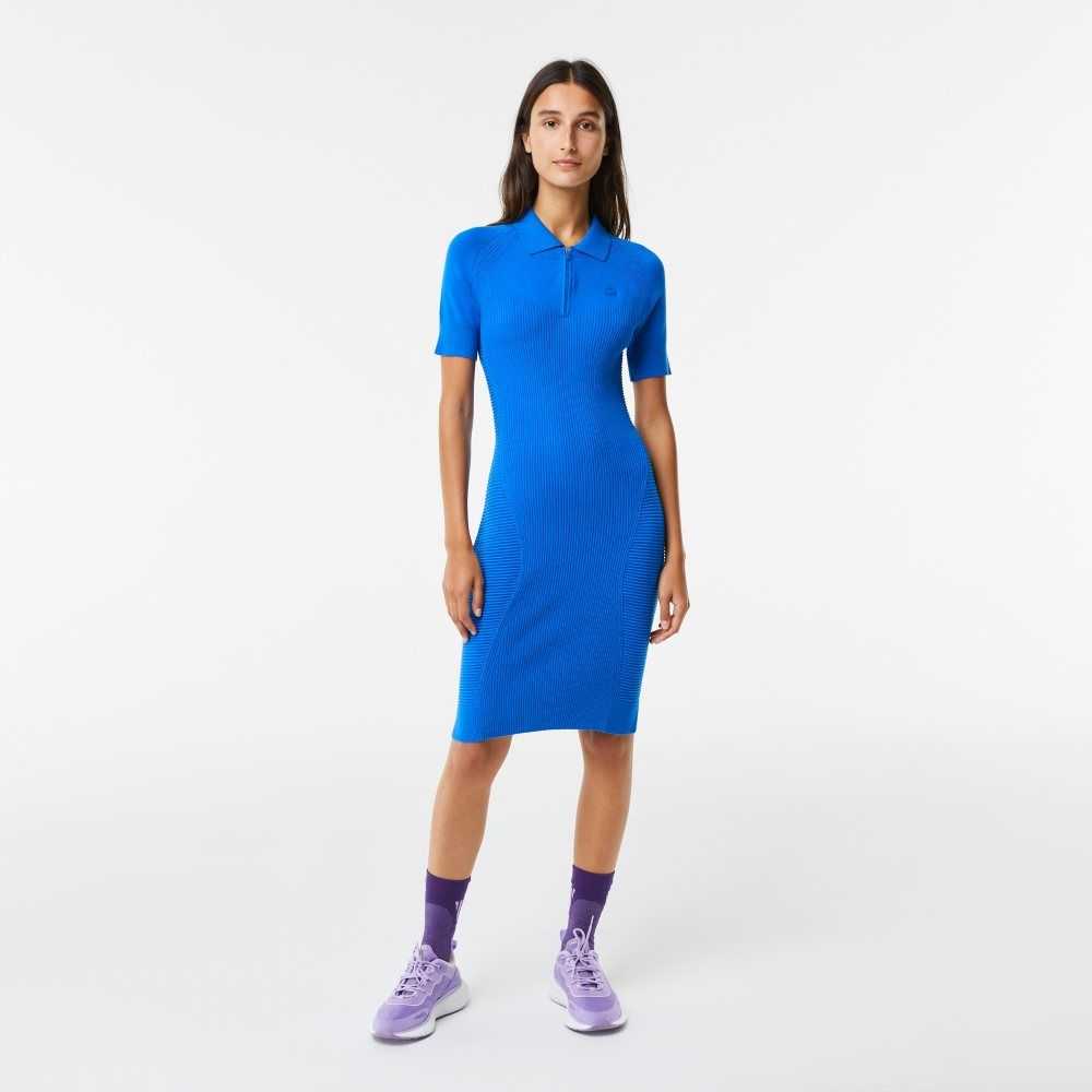 Lacoste Knit Details Front Zip Dress Blue | EJV-281069